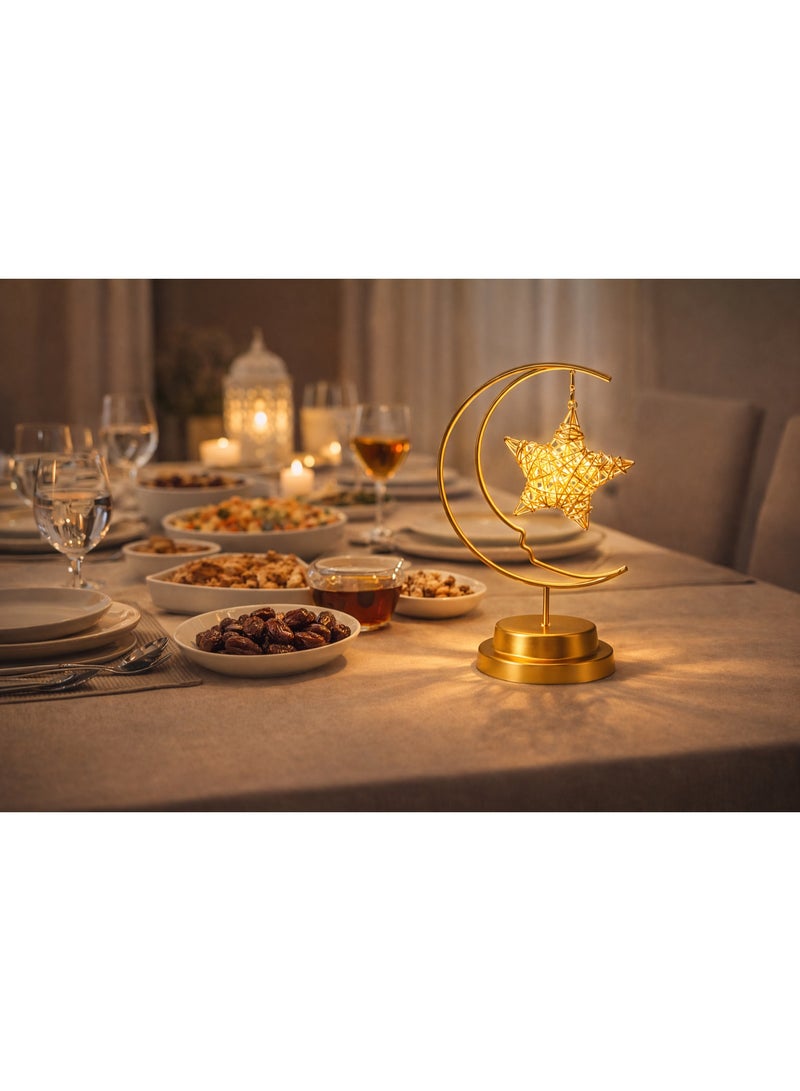 Home Care Golden Crescent Moon Table Lamp with Hanging Star Elegant Metal Decorative Night Light - Image 4